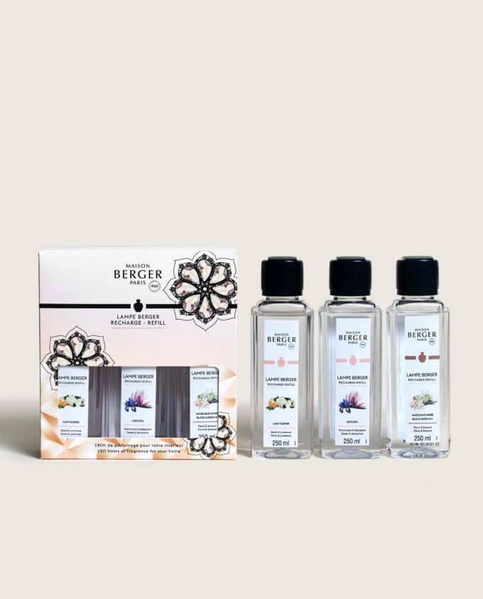 Perfuma tu hogar con el triopack para lampara catalítica Lady Flower, Liliflora y Angélique Noire de Maison Berger