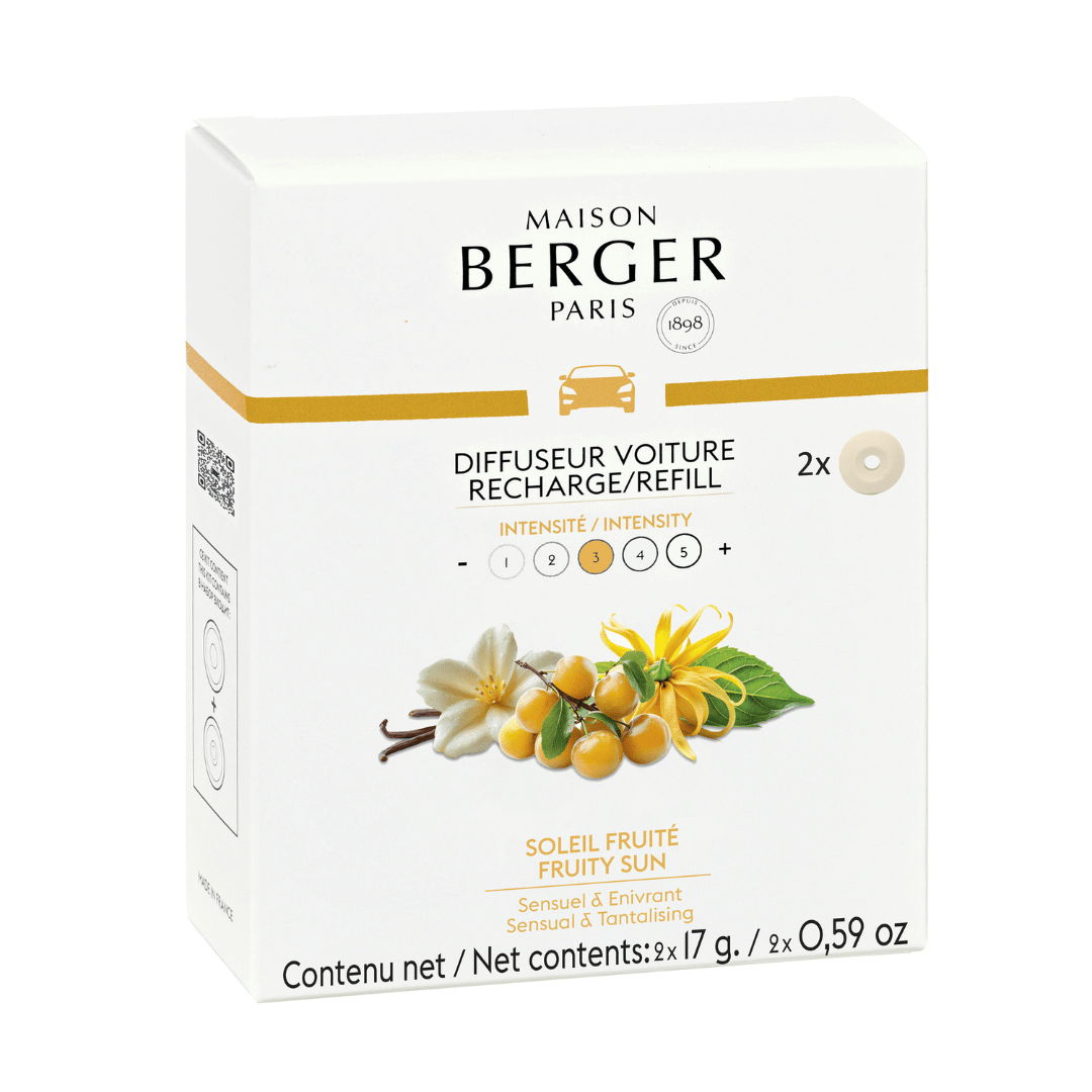 Sigue perfumando y protegiendo tu coche o caravana de olores indeseados con esta recarga de ambientador de coche Soleil Fruité de Maison Berger