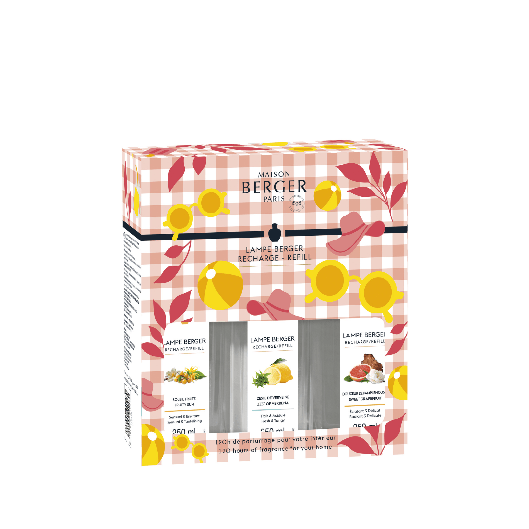 Perfuma y purifica el entorno de tu hogar con los líquidos para lámpara catalítica de este triopack Estivale, con 3 aromas de Maison Berger, alta perfumería de hogar